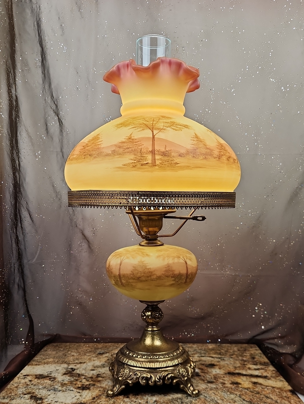 RARE Fenton Burmese Uranium Hand-painted Glass Lamp Scenic Landscape, Glows 1974